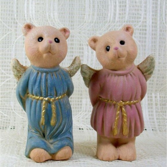 Ceramic Kissing Angel Bear Figurines, Handmade Angel Statues, Bear Decor Nursery - Picture 2 of 7